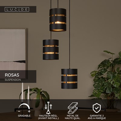 Lucide ROSAS - Suspension - Ø 43 cm - 3xE27 - Noir